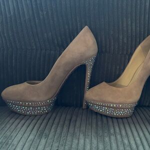 Brian Atwood Tan Heels with Rhinestone Detail